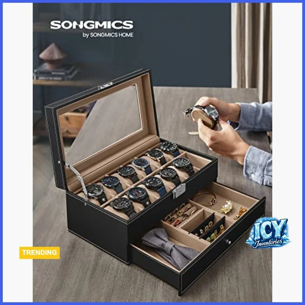 Watch Box Organizer with Glass Lid, 12 Slots, Removable Pillows, Metal Lock